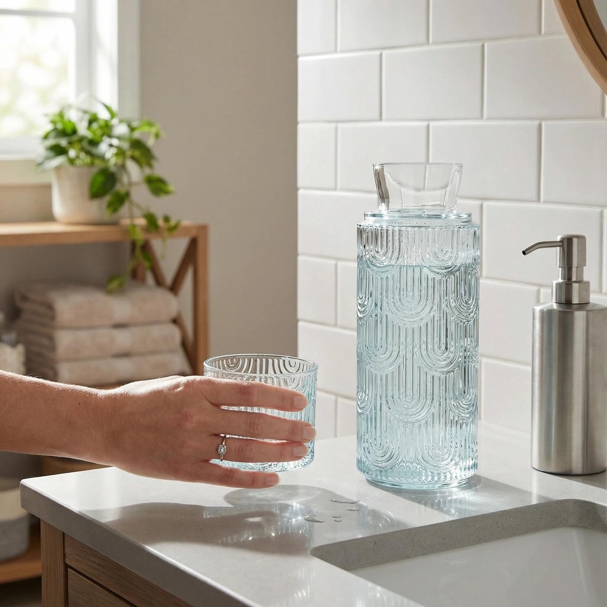 SnelShoppen - Nachtkastje Met Waterkaraf En Glazen Set, Mondwaterdispenser Voor Badkamer, 180 ml Glazen Kruikflessen Met Deksel Van 630 ml, Lichtblauw