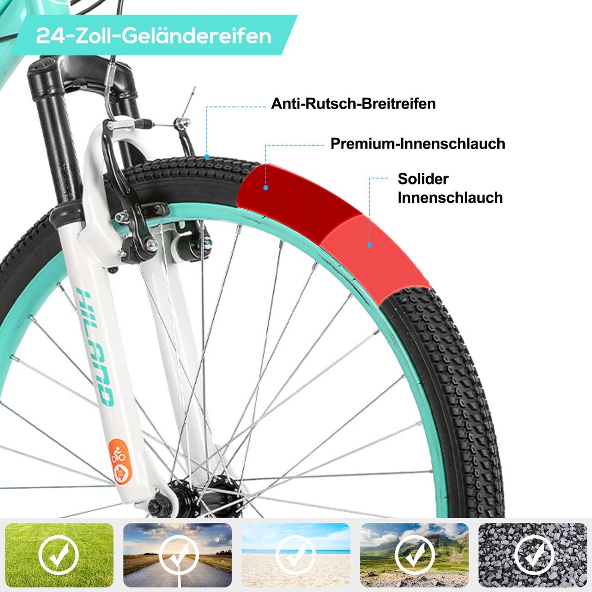 SnelShoppen - Climber Kinderfiets 24 Inch Met 7 Versnellingen, V-rem, Mountainbike Voor Kinderen, Verende Vork, Mintgroen, Perfect Voor Avonturen Buit