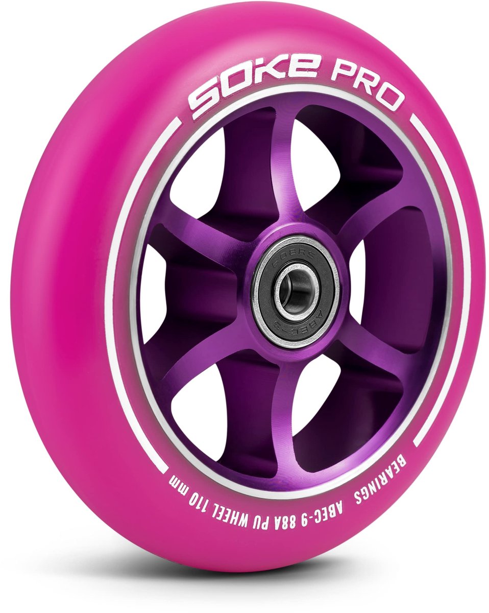 SnelShoppen - Scooterwielen Set van 2 - 110 mm Diameter, 8 mm Schacht, ABEC 9 Lagers, Hardheid 88A, Aluminium en PU, Roze voor Stuntsteps en Kinderste