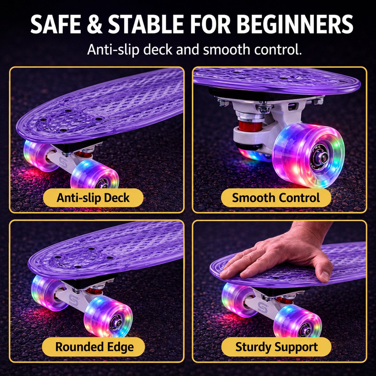 Suotu Skateboard met LED Lichtgevend Dek & Wielen - ABEC-9 - Skateboard Meisjes/jongens – Skateboard Volwassenen - Paars — afbeelding 3