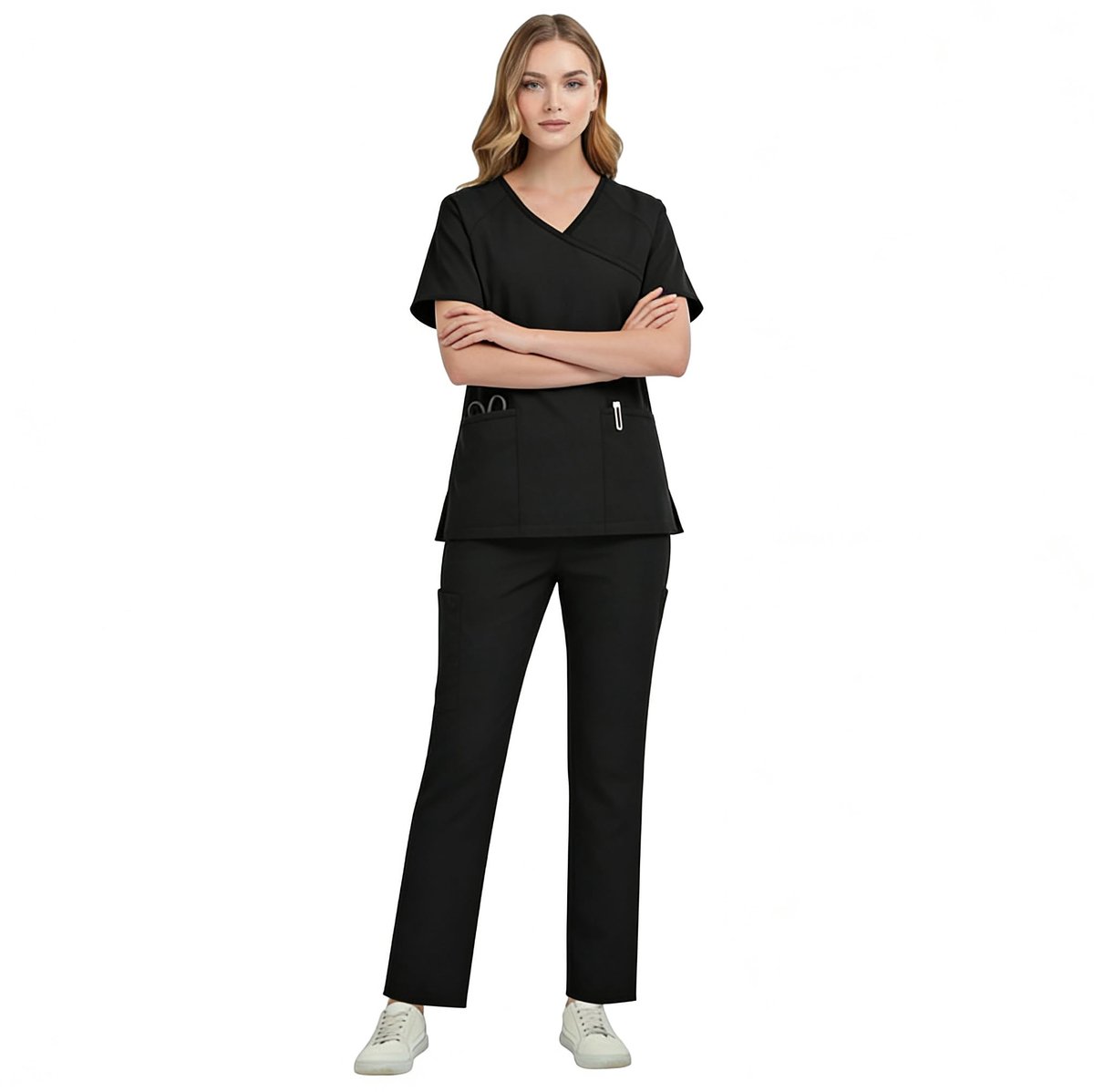 SnelShoppen - Medische Kledingset Dames Korte Mouw V-hals Top Met Knoop aan de Taille Rechte Broek Verstelbaar Medisch Uniform voor Verpleging DK89, Z