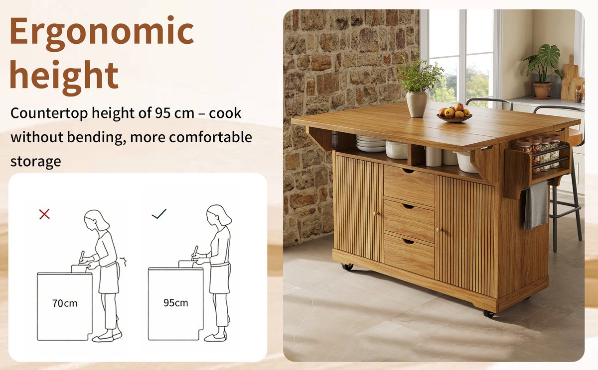Keuken Eiland - Uitklapbare Werkbladen En 3 Laden - Mobiele Keukenwagen Voor Keuken En Eetkamer - MDF - Donkerbruin - 142,5x80x95 Cm