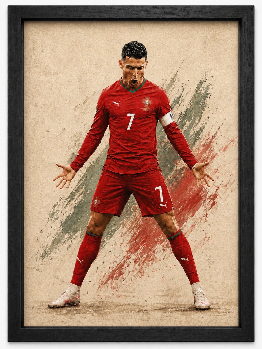 Cristiano Ronaldo Celebration Poster | Portugal Voetbal Art | Sport Wanddecoratie | Inclusief Zwarte A4 Lijst