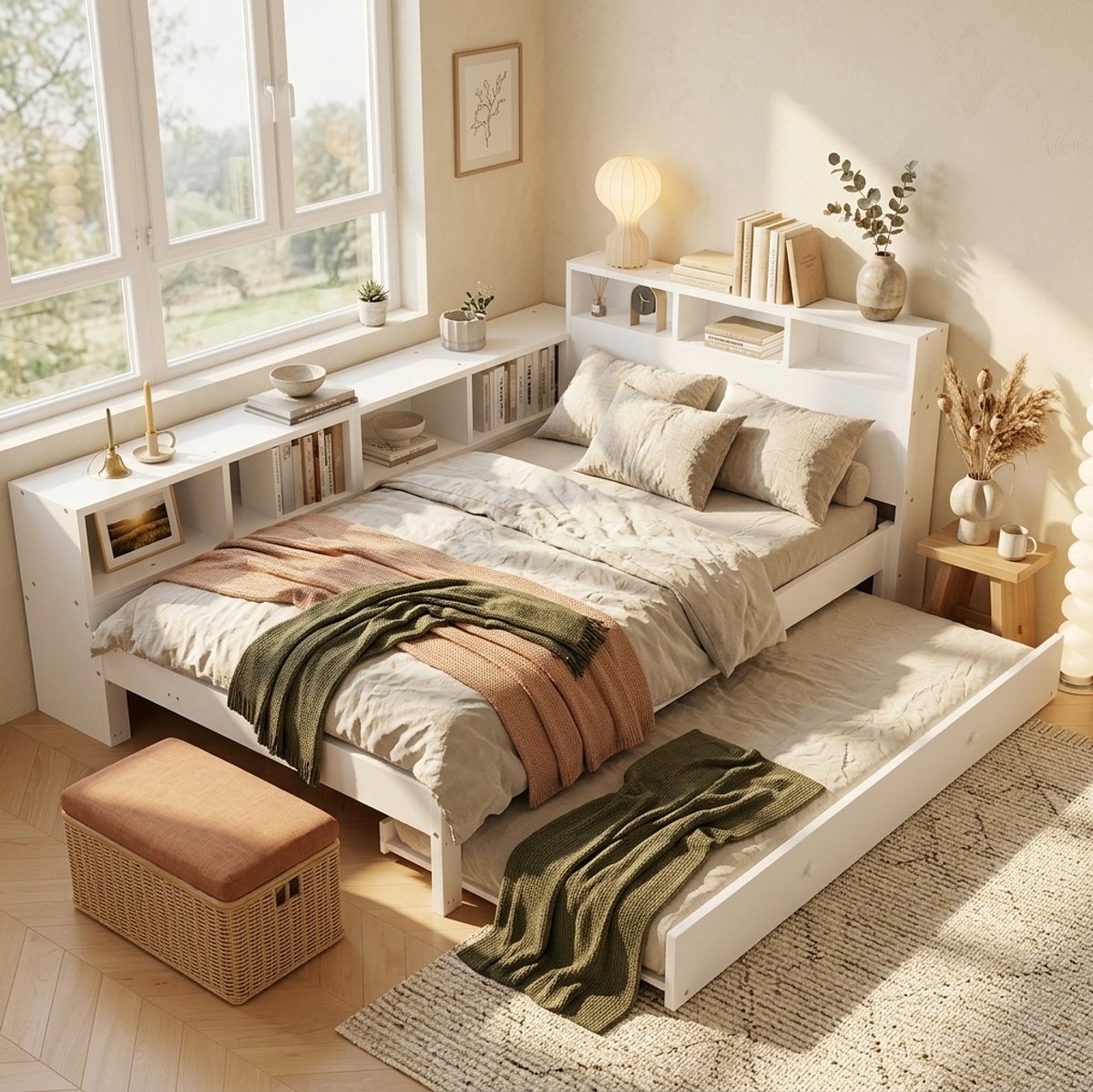 MODFU Bedframe - Uittrekbed - Opbergrek - Wit - 120 X 200 Cm - Hout