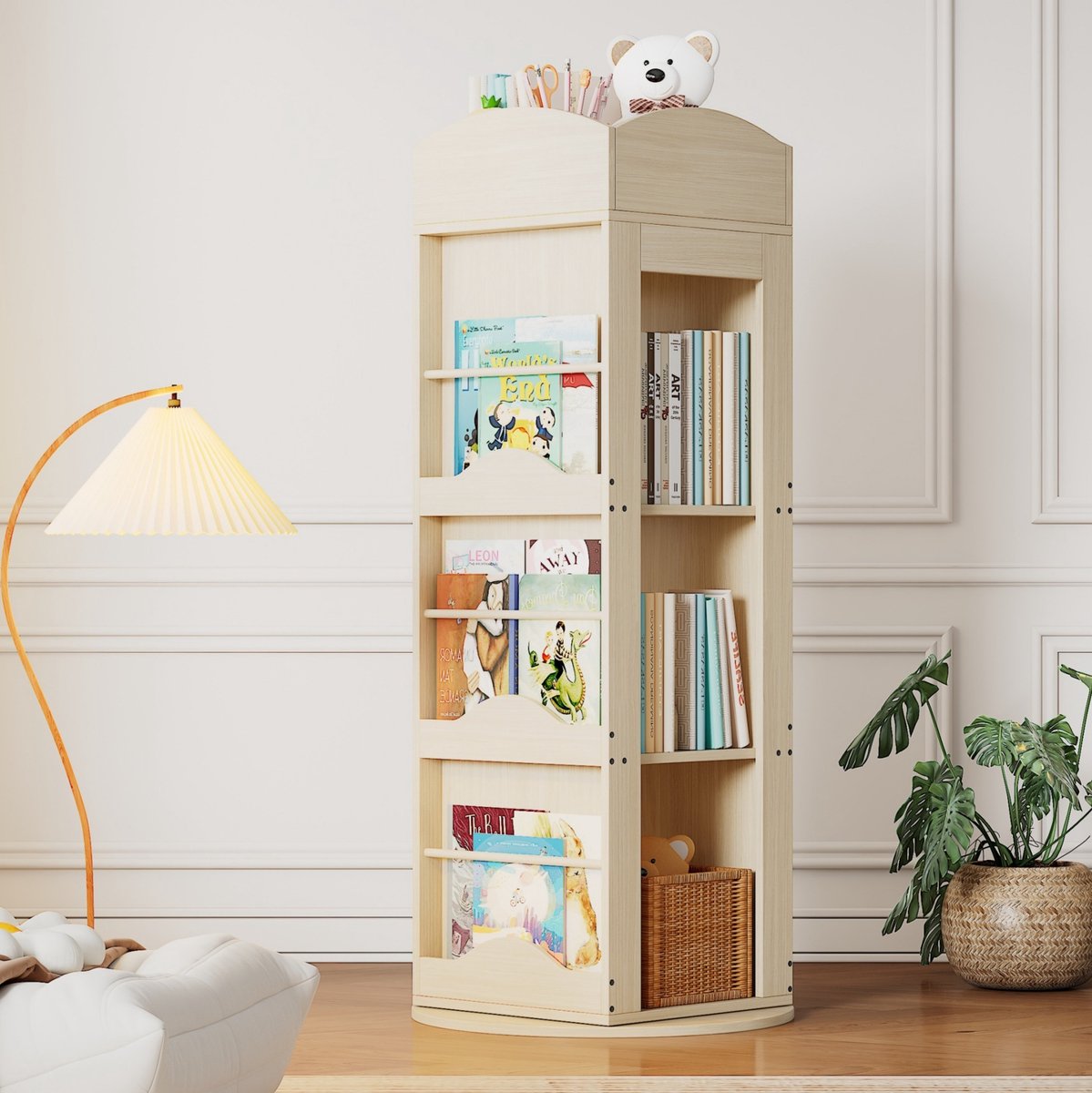 MIVRAY Boekenkast – 360 Graden Draaibaar – 142 x 63 x 63 cm – MDF – Naturel – Open Opbergkast Voor Kinderen En Volwassenen