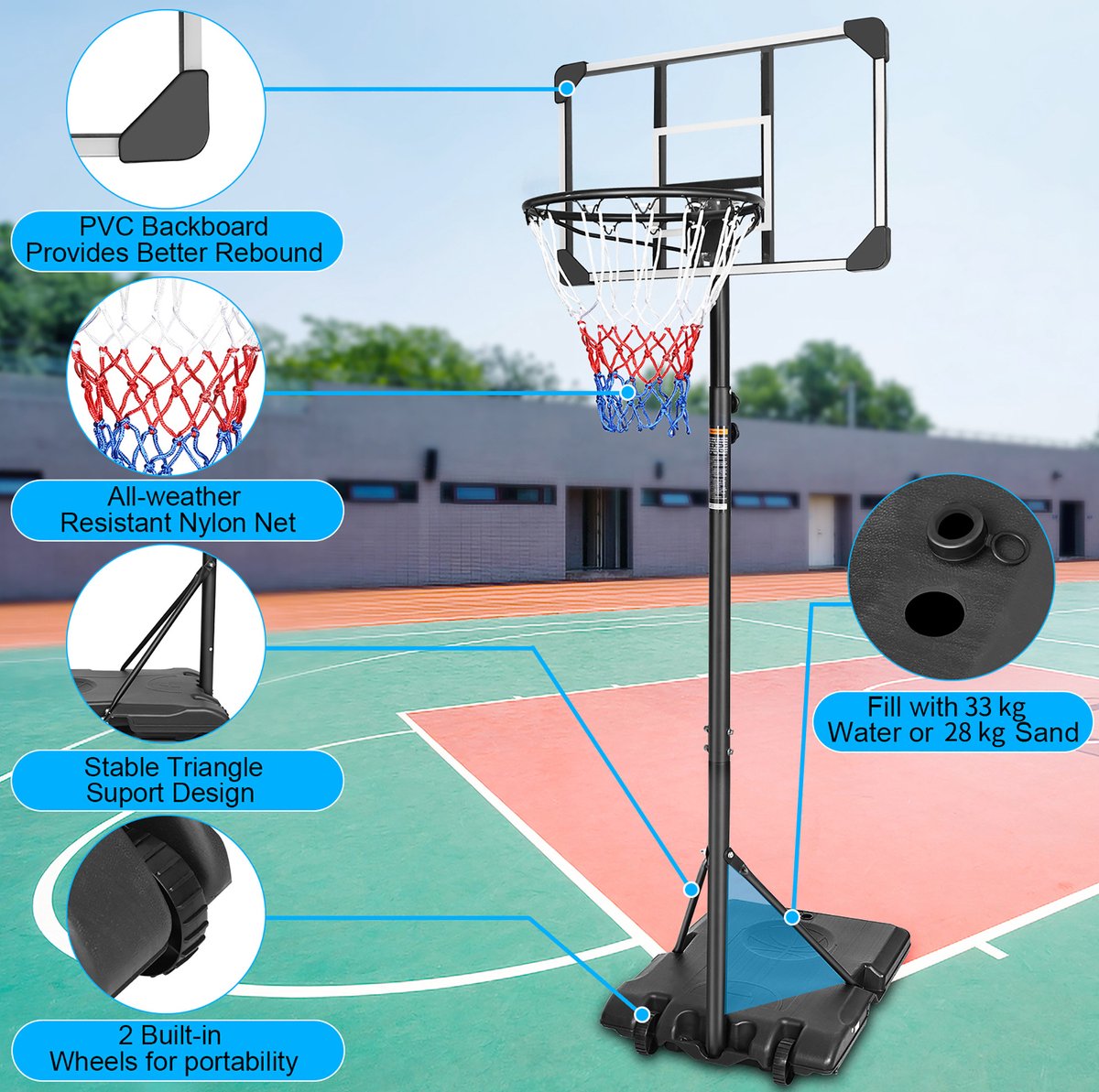 MIVRAY Basketbalstandaard - In Hoogte Verstelbaar 170-213 cm Met Wielen - PVC En Nylon - Zwart - Voor Binnen En Buiten