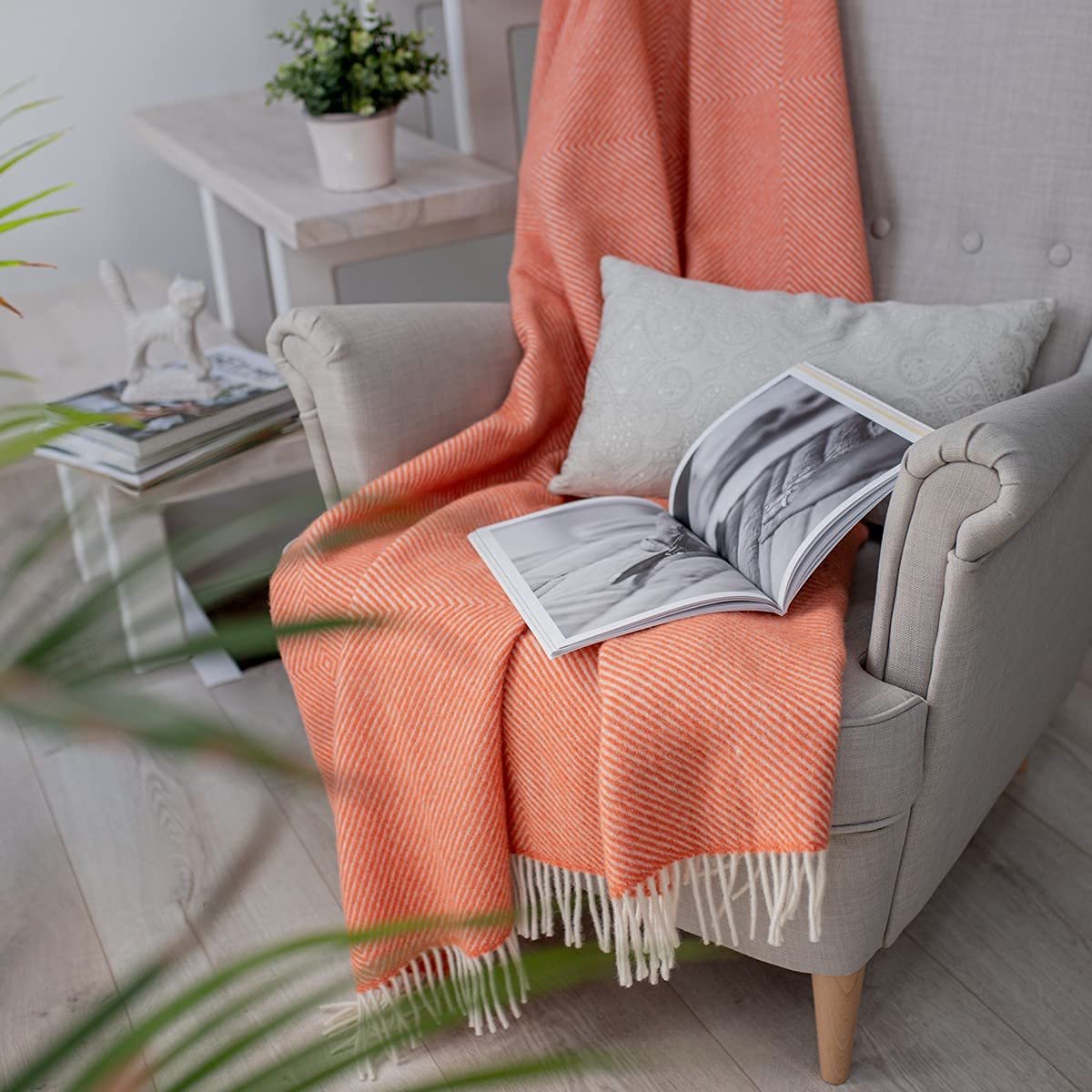 SnelShoppen - Multifunctionele Wollen Deken Bankdeken Plaid Bedsprei Alaska Ruitpatroon - 100% Nieuw-Zeelandse Wol Koraal Oranje 140 x 220 cm voor Win