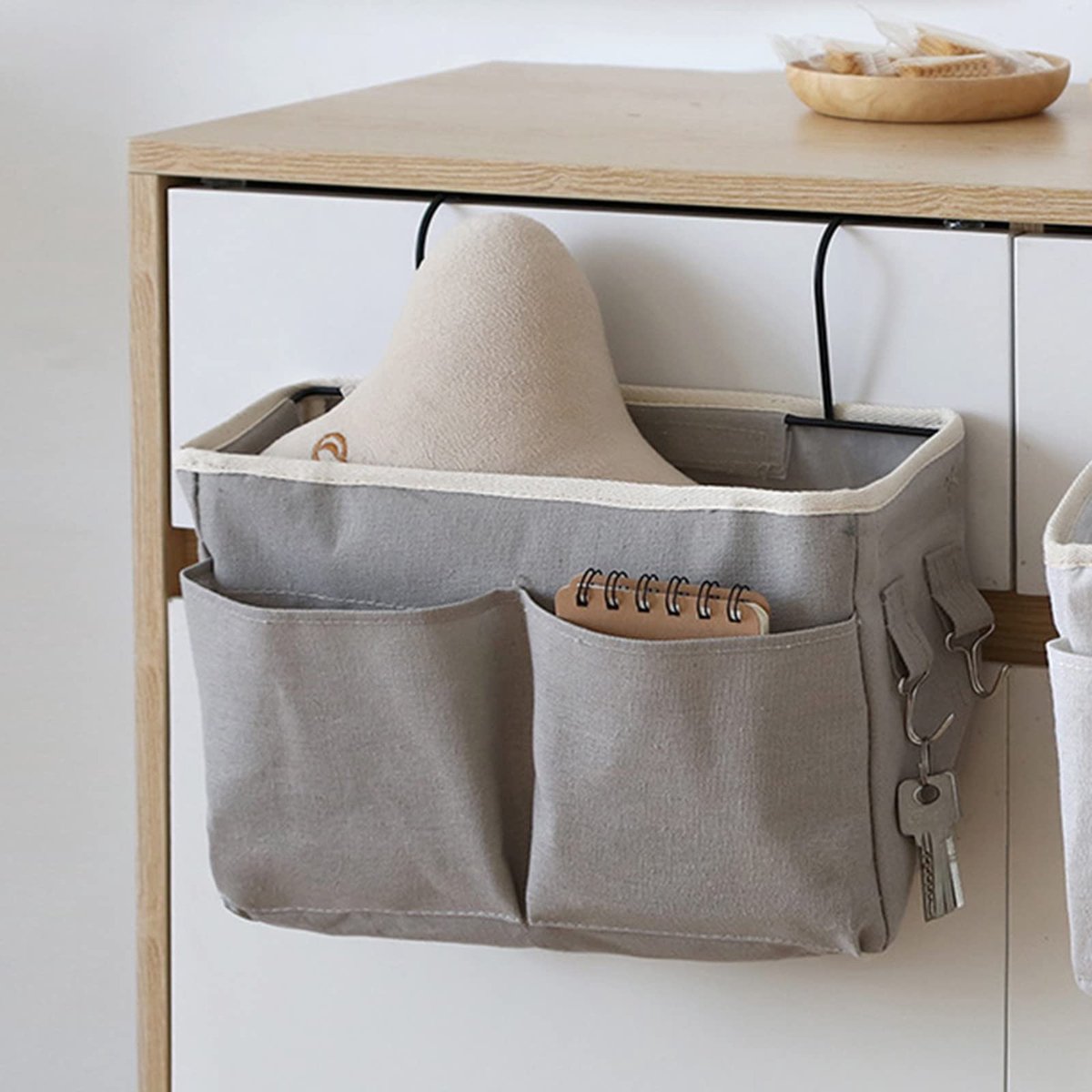 Bed Organizer voor Bedrand - Hangende Nachtkastje Opbergtas met Haak - Multifunctionele Bedside Organizer voor Telefoon Boeken Afstandsbediening Studenten Slaapkamer Slaapzaal - Grijs