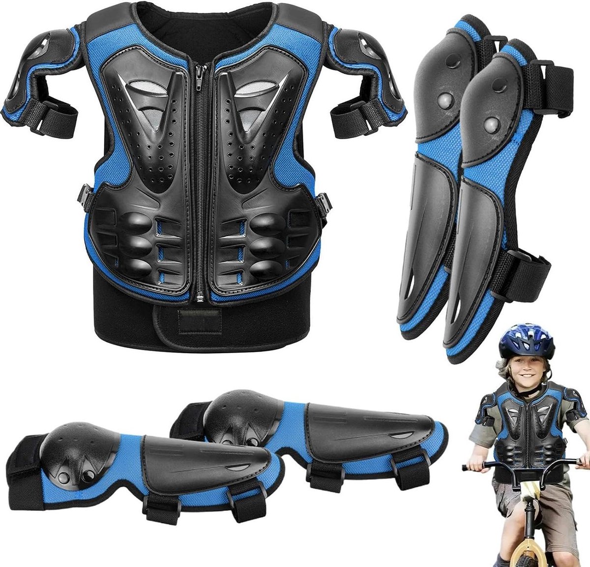 Kinder Motorcross Set - Beschermingsset Kinderen - Actieve Sporten - 5-Delige Bescherming - 8-14 Jaar - Blauw Zwart
