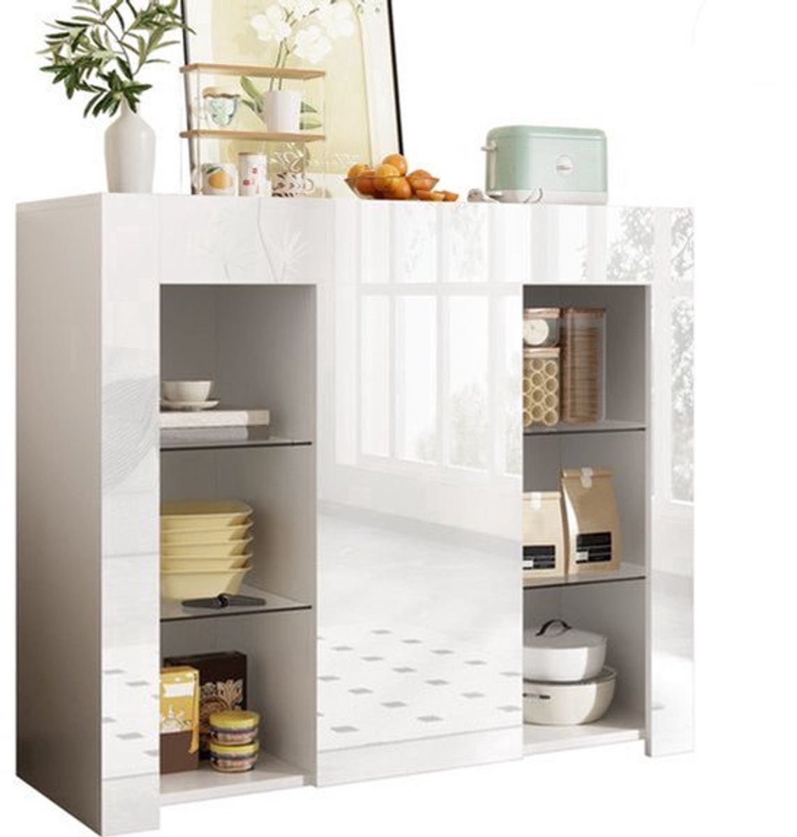 Sideboard – Dressoir – Opbergkast – Buffetkast – Wit Hoogglans – Glazen Legplanken – Compa