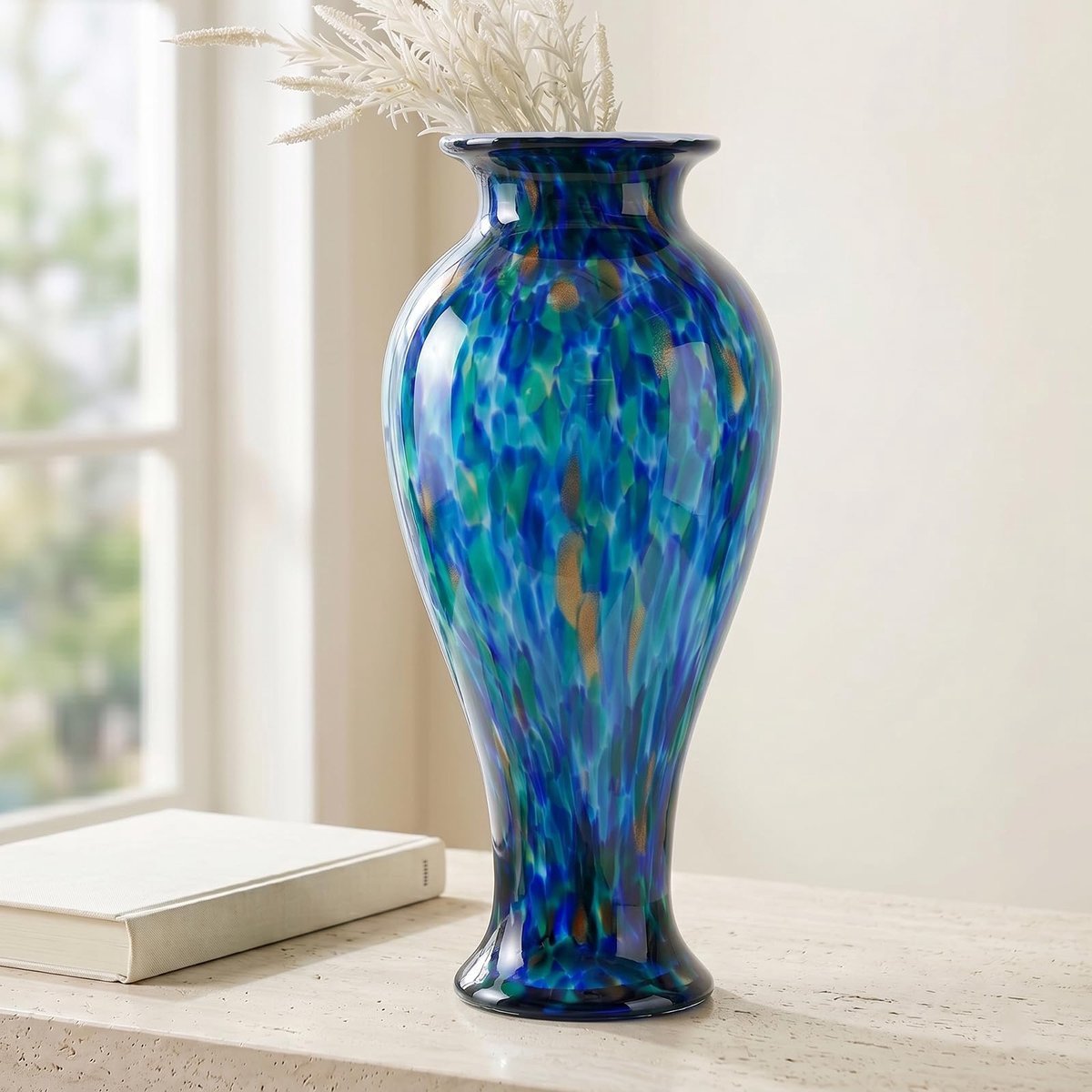 SnelShoppen - Handgeblazen glazen vaas 50,8 cm hoog, mondgeblazen bloemenvaas in blauwgroen, moderne woondecoratie, elegante grote vaas voor bloemen,