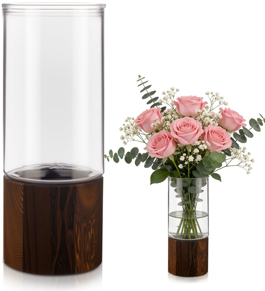SnelShoppen - Houten Pedestal Bloemenvaas - Moderne Glazen Cylinder, Premium Plantenhouder voor Thuis en Kantoor, Duurzaam Eiken of Notenhout, Waterdi