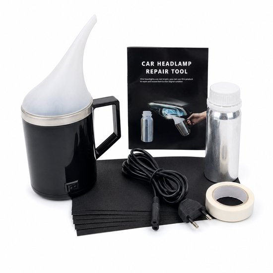 Outil de réparation de phares avec accessoires : appareil à vapeur, papier de verre, câble, ruban adhésif, flacon et livret d'instructions sur fond blanc.