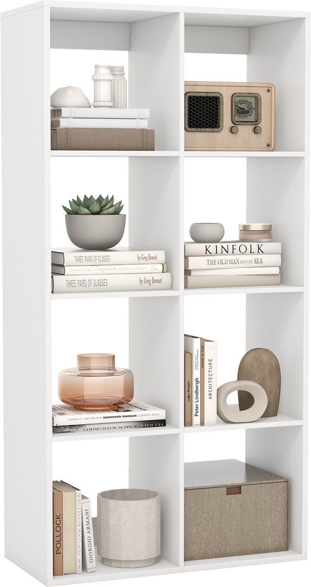 COSTWAY Boekenkast 4 lagen, Staande kast met 8 vakken & kantelbeveiliging, Kubusrek Houten rek, Vrijstaand boekenrek, Opbergrek voor woonkamer, kantoor (Wit, 69,5 x 33 x 137 cm)