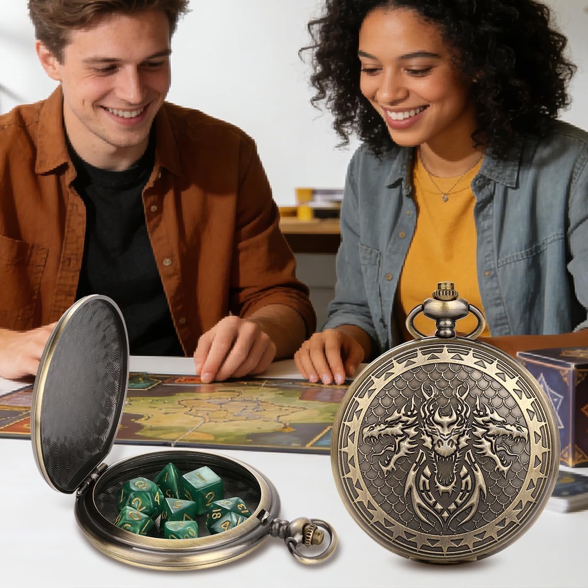 SnelShoppen - 7-delige DND dobbelstenen set - Polyedrische D&D dobbelstenen - Steampunk design - Groene kleur - Perfect voor tabletop RPG, rollenspell