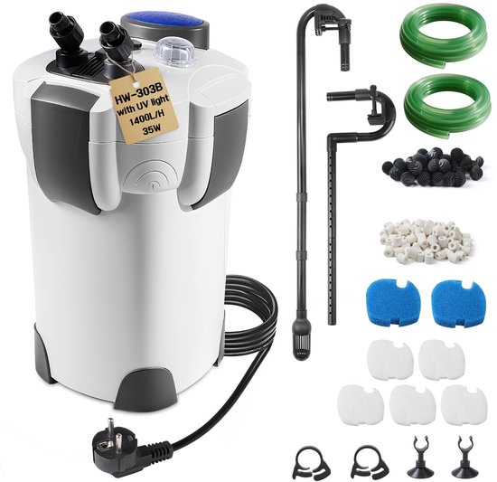 SnelShoppen - EXLECO Buitenfilter Aquarium met UV-Lamp, 1400 l/u, 35W Filter voor Aquaria tot 300 Liter, Instelbaar Canisterfilter met Filtermateriaal