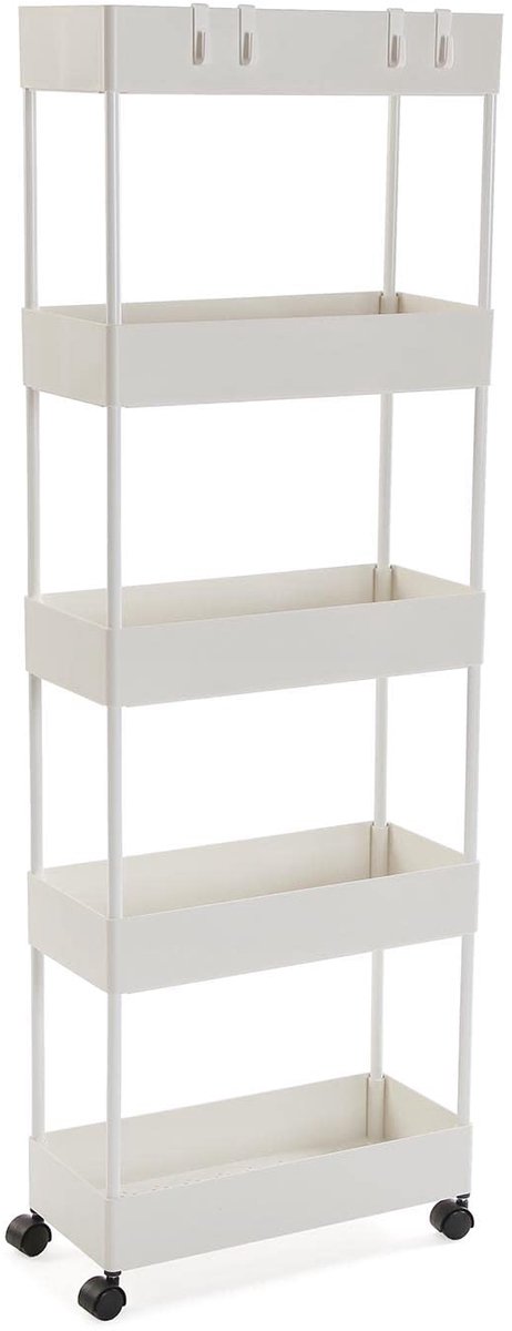 SnelShoppen - Badkamermeubilair met 5 planken en wielen - Wit - 116x18x40 cm - ABS en Plastic - Praktisch en Ruimtebesparend voor Badkamer, Keuken en