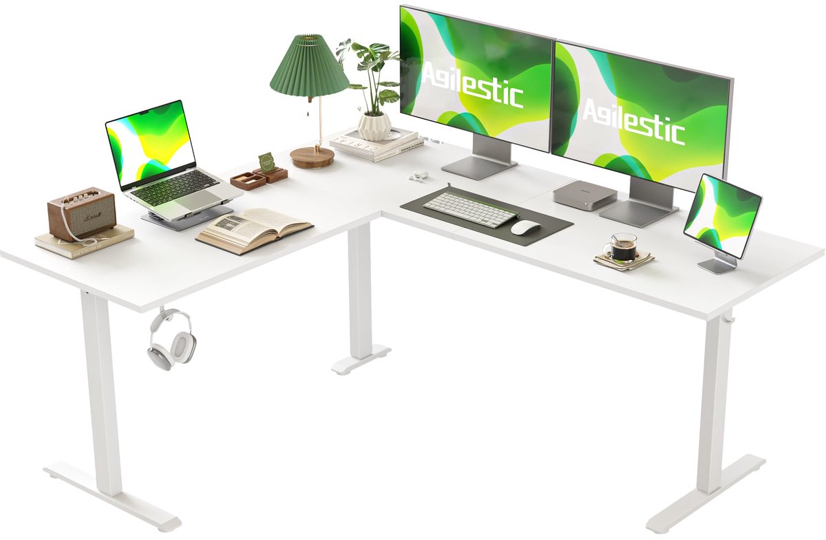SnelShoppen - Ergonomisch L-vormig in Hoogte Verstelbaar Bureau 160x140 cm - Elektrisch Hoekbureau Wit - Zit-Sta Tafel Computerbureau - Ideaal voor Th