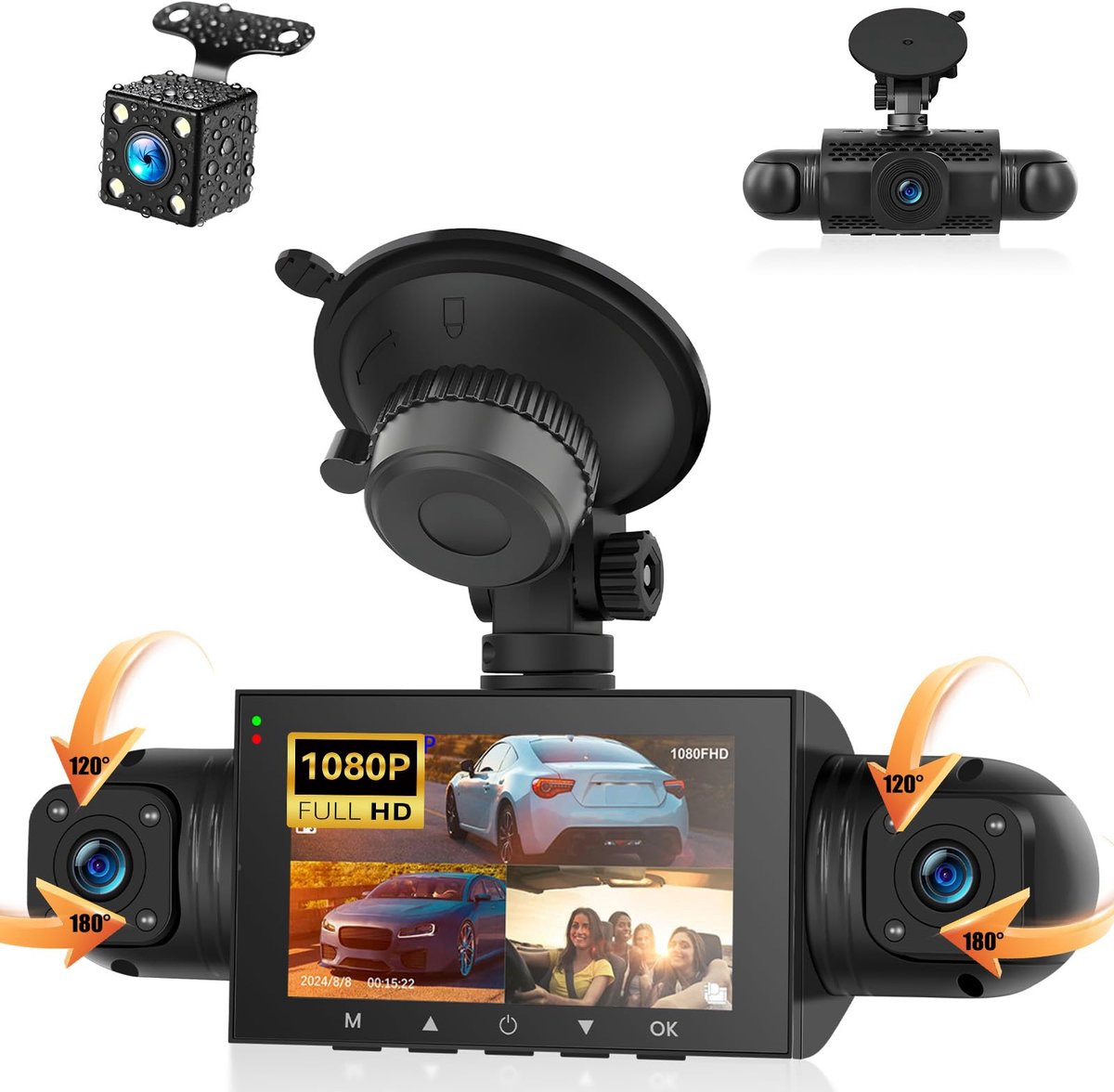 SnelShoppen - SIXTOP 360° 4-kanaals dashcam auto, 1080p camera's voor binnen en achter, 3 inch IPS-scherm, nachtzicht, 24-uurs parkeerbewaking, G-sens