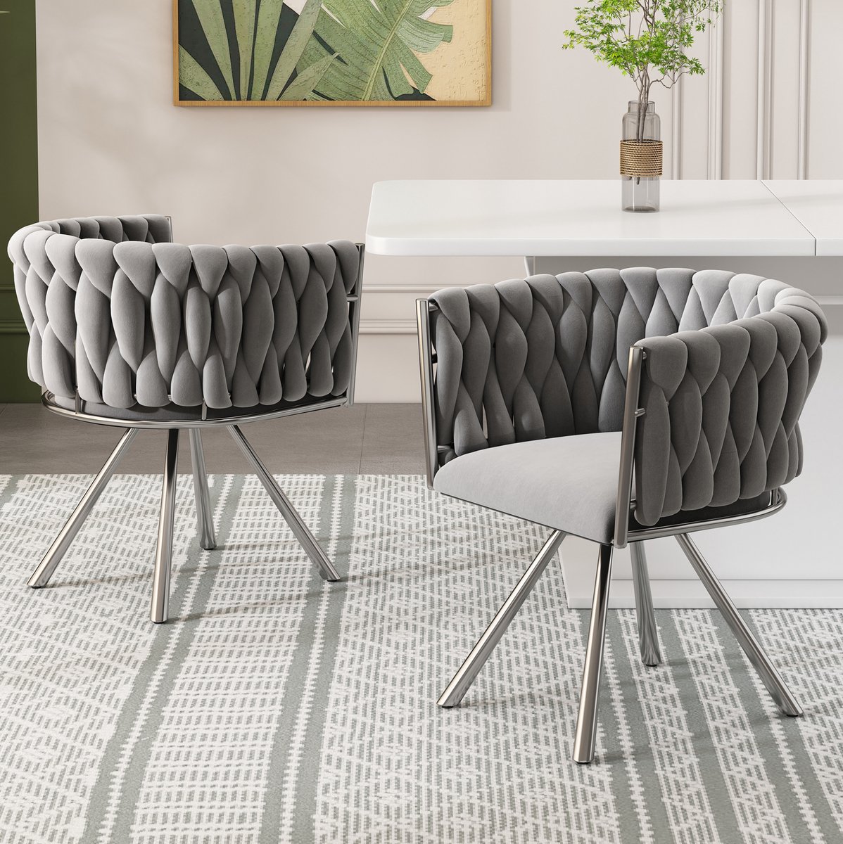 COVREO Eetkamerstoel 59x54x72 cm – velvet grijs en zilver, 360 graden draaibaar, set van 2