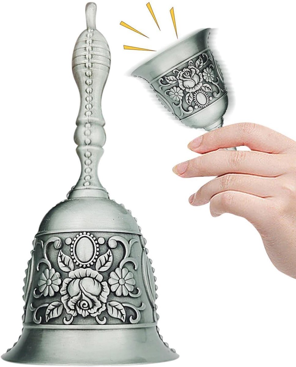Diner Bel - Handbel Keuken - Eten Aankondigen - 3D Reliëf Design - ca. 11.1 cm - Zilvergrijs