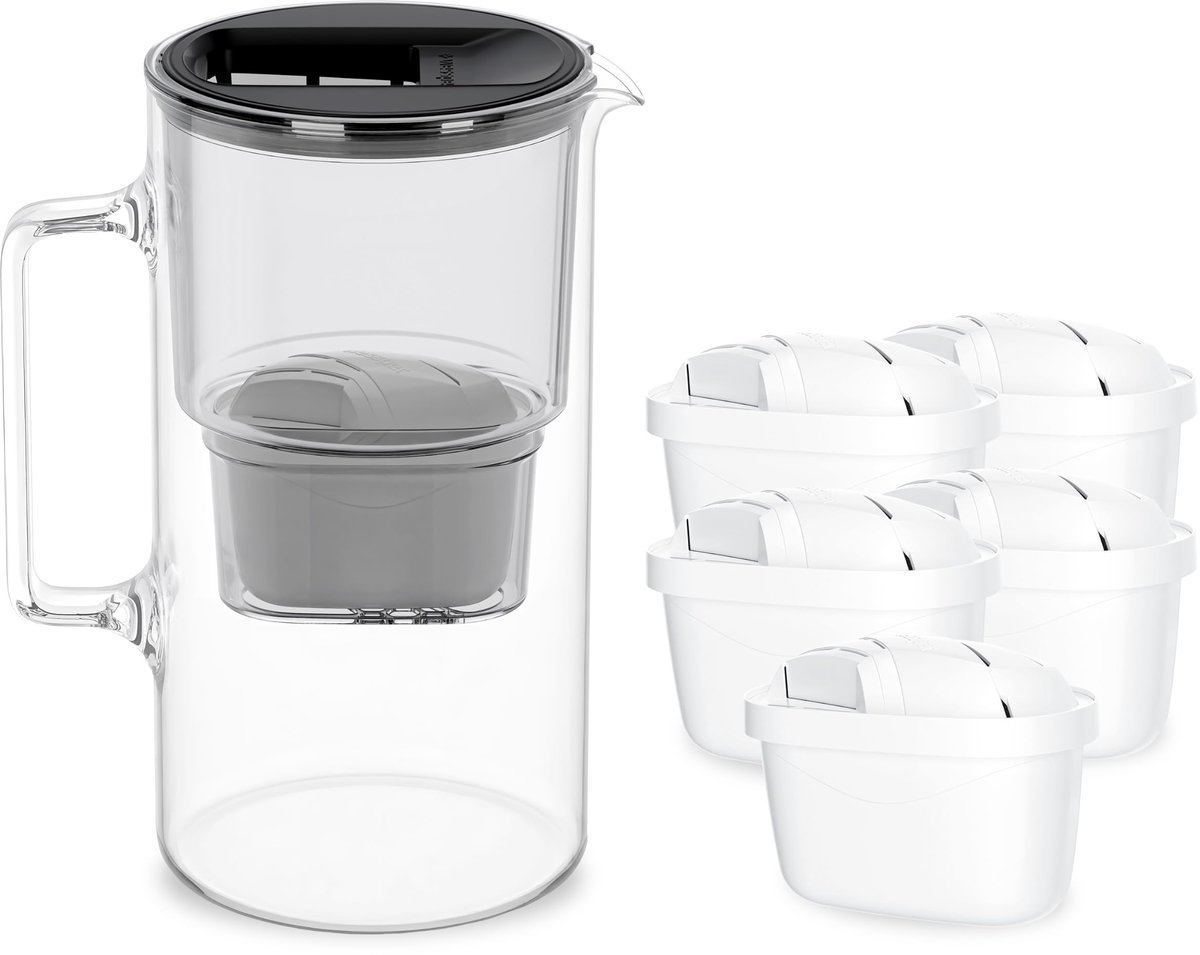 SnelShoppen - Glazen Waterfilterkan 3L - Karaf met 5 Aquamax Filters - Vermindert Chloor & Zware Metalen - BPA-vrij - Zwart voor Keuken, Camping en Ge