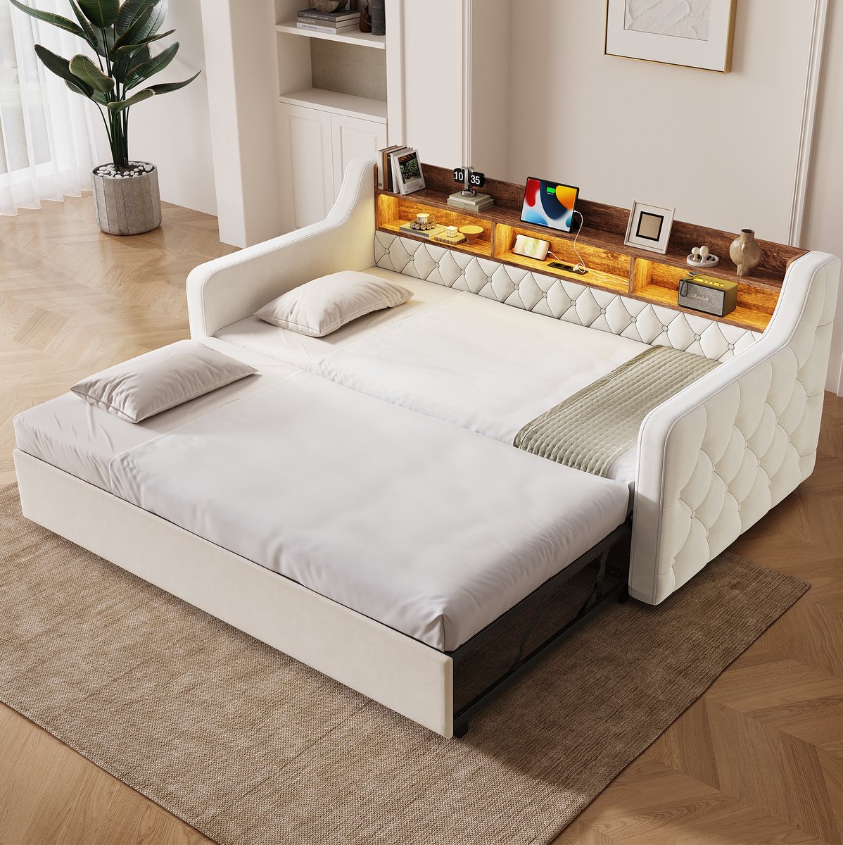 MODFU Slaapbank - Uitklapbed - Opberghoofdbord - LED - USB - Beige
