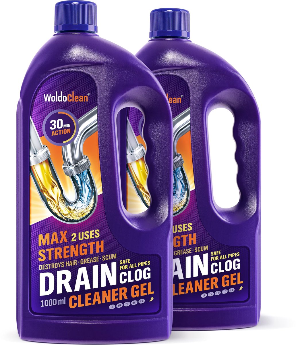 SnelShoppen - WoldoClean Ontstopper & Afvoerreiniging Gel 2 x 1000ml - Extreem Krachtig Tegen Haar & Vet, Afvoervrij voor Keuken & Badkamer, Douche, W