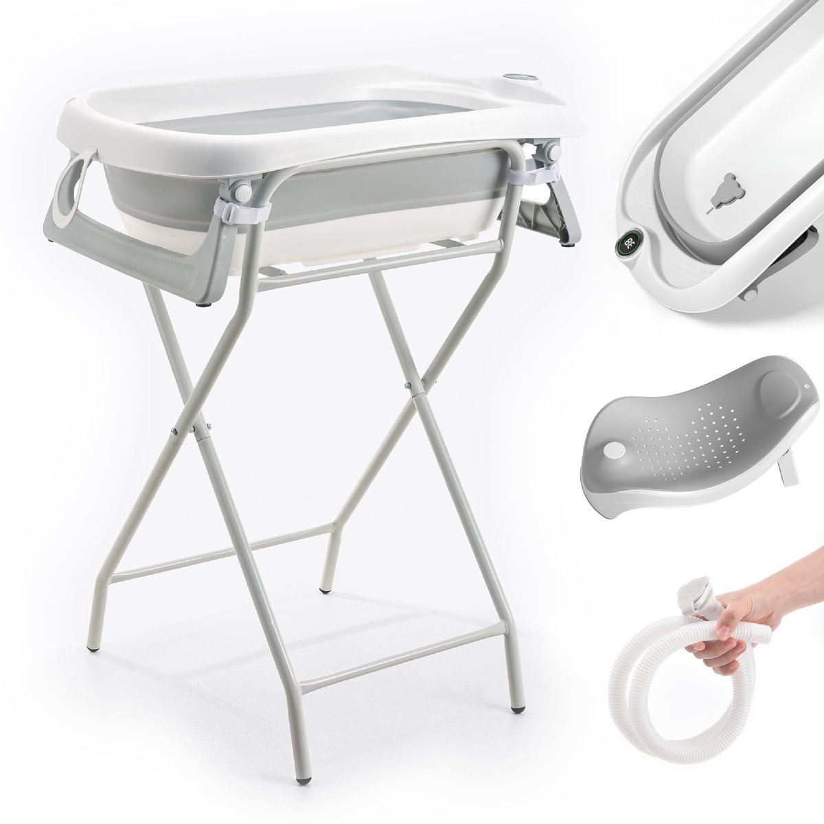 SnelShoppen - Opvouwbaar Babybad met Standaard - XXL Babybad met Thermometer, Zitje & Afdraainsysteem - Ideaal voor Douche vanaf Geboorte tot 3 Jaar -