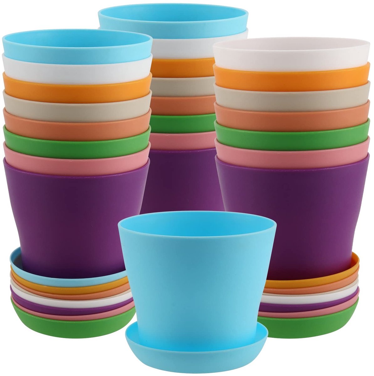 Dailygoods - Set van 24 Kleurrijke Plastic Bloempotten - Ø 10 cm met Onderzetters voor Binnen en Buiten
