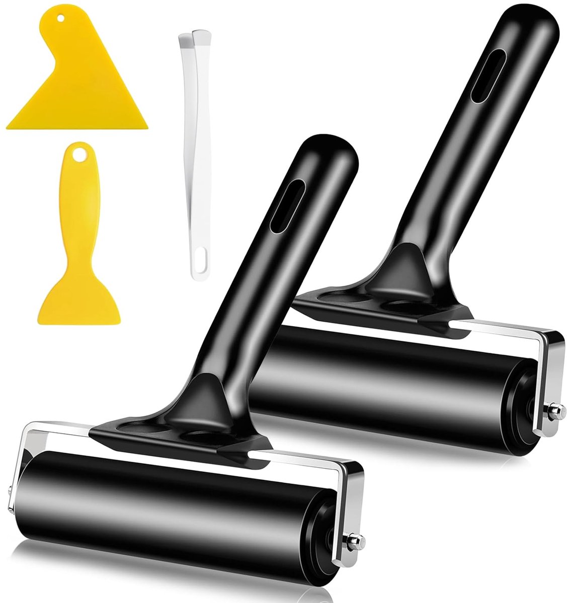 Dailygoods- Rubberen Rollen 10 cm - Aandrukrol met 2 Schrapers - Pincet - Voor Linoldruk/Stempelen - Kunsthandwerk - Flexibel Rubber oppervlak - Brayer