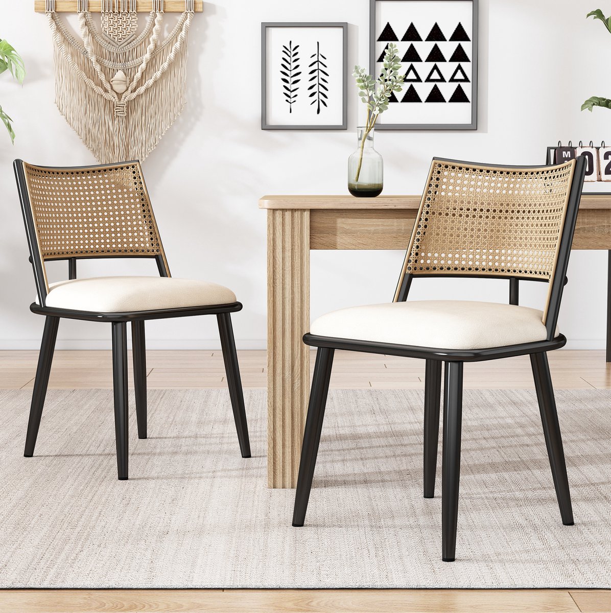 COVREO Eetkamerstoel set van 4 50x48x80 cm zwart met kunstleren zitting en rotan rugleuning