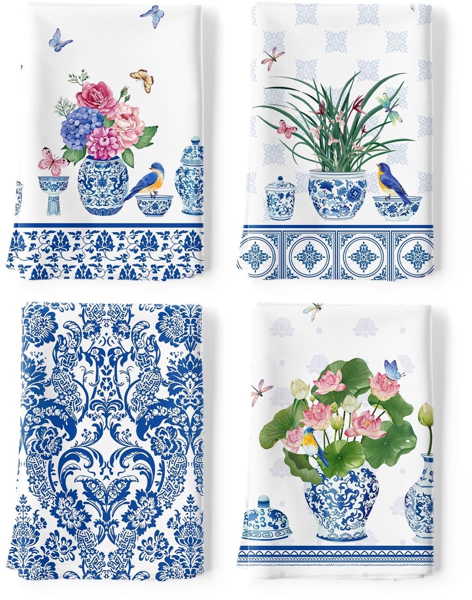 Dailygoods - Blauw-Witte Porseleinen Keukendoeken - Set van 4 Sneldrogende Katoenen Doeken voor de Keuken