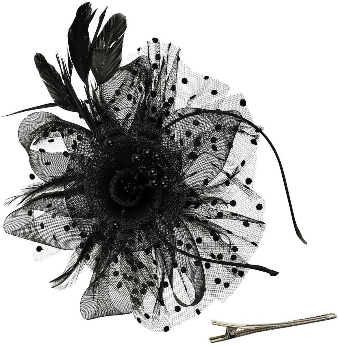 Dailygoods- Fascinator elegante zwarte veren - fascinatorhoed - gaas - bloemaccenten - comfortabele pasvorm - duurzaam accessoire - Hoed