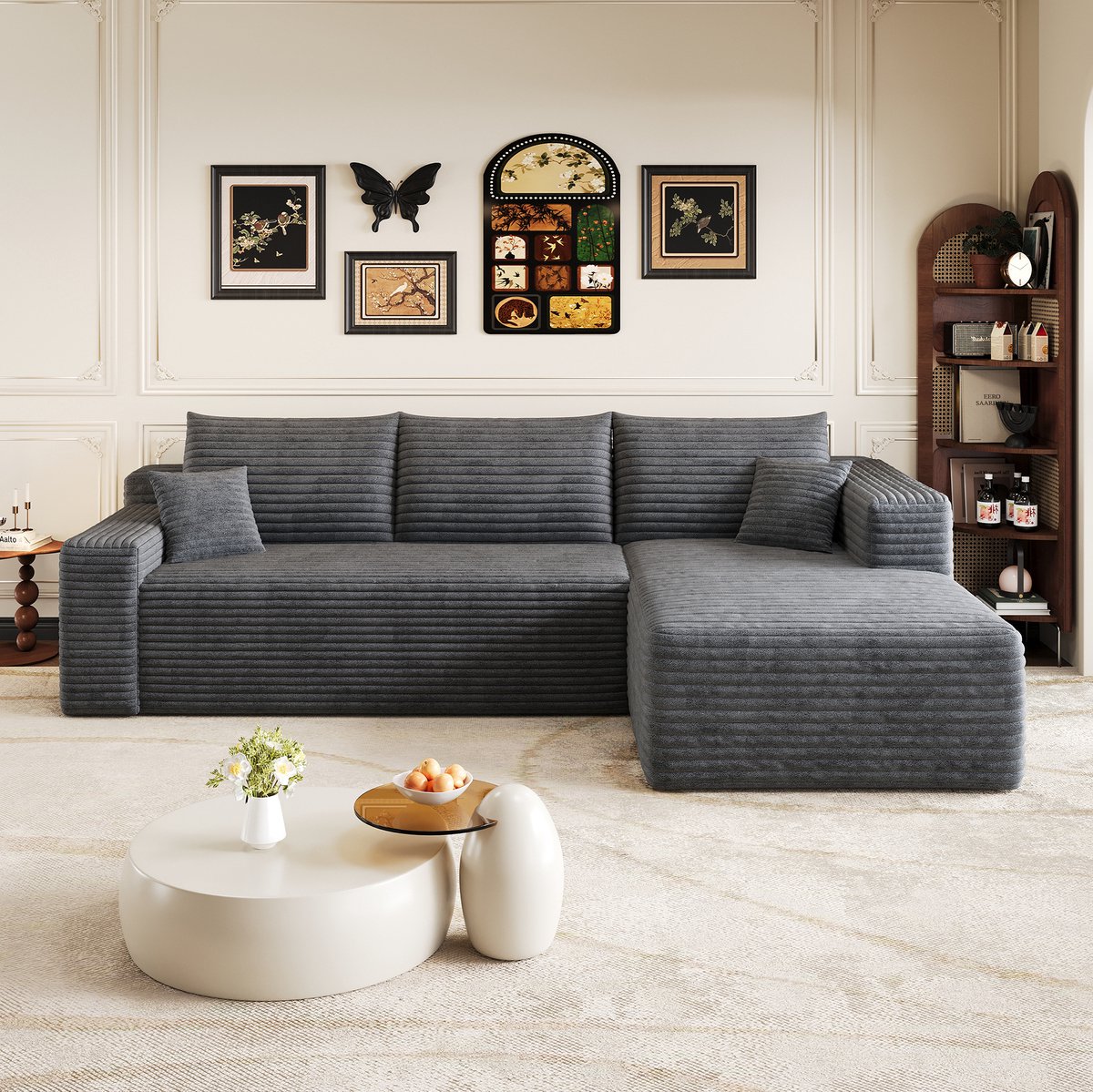 COVREO Hoekbank 241x151x84 cm – donkergrijs corduroy, 3-zits, zonder montage Dark Grey