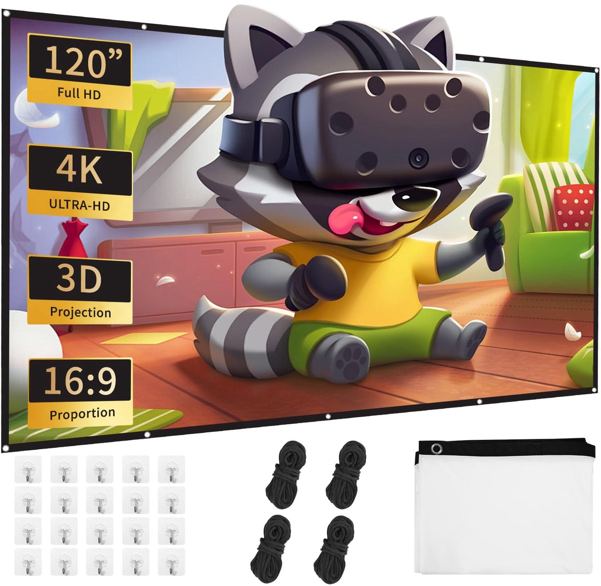 SnelShoppen - 120 Inch Opvouwbaar Canvas Projector Scherm - Filmscherm 16:9 voor Thuisbioscoop, Buitenbioscoop, Camping, Vergaderingen - Inclusief Hak