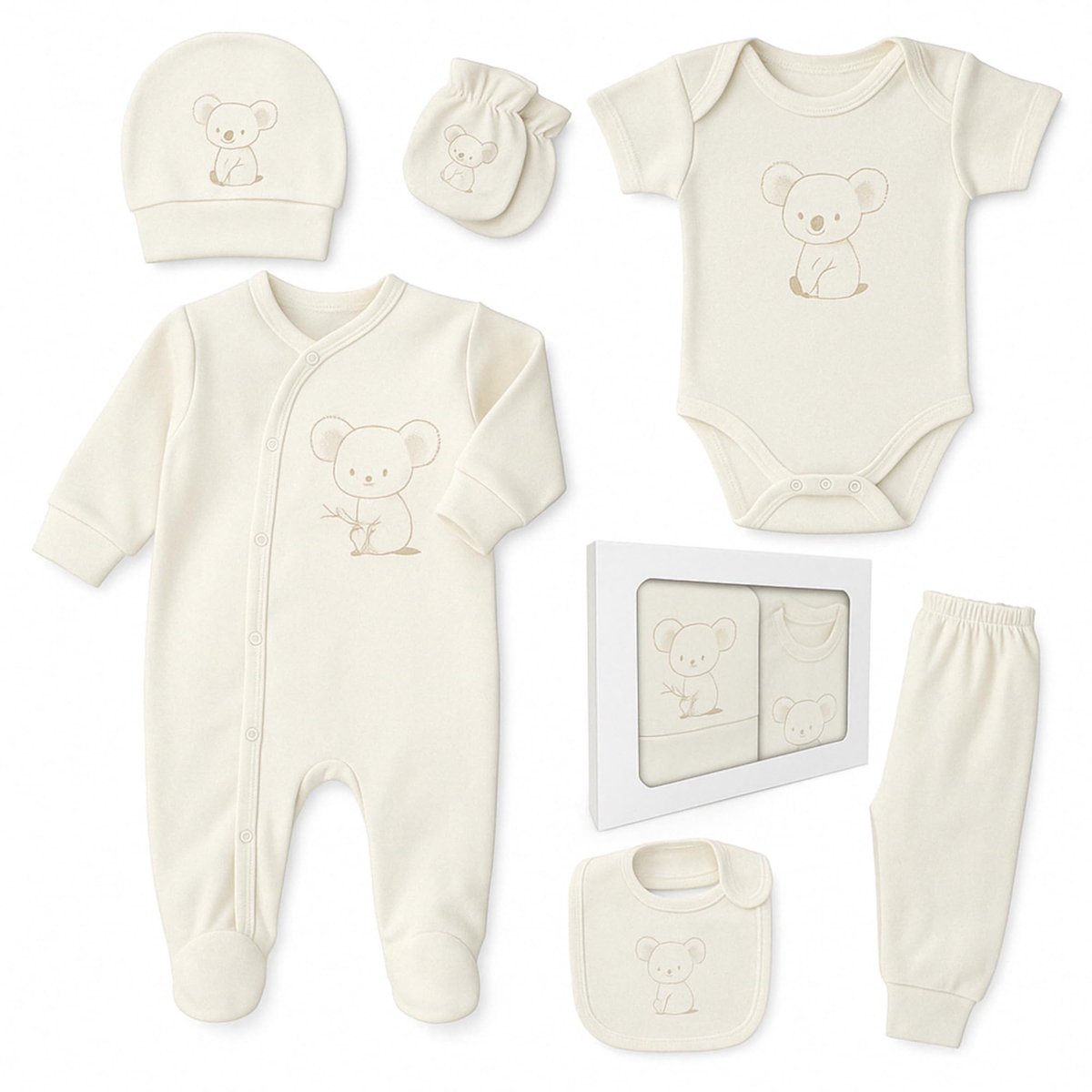 SnelShoppen - Nieuwgeboren Baby Cadeauset 100% Natuurlijk Katoen Unisex Kledingset voor Baby's 0-4 Maanden - Koala Motief - Eerste Uitrusting Babyspul