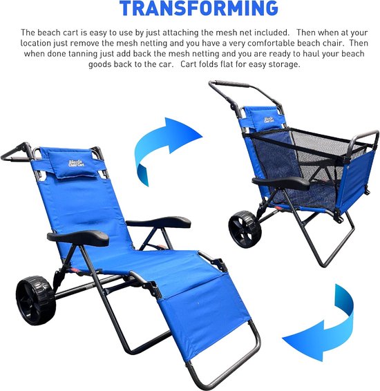 Strandkar Stoel - Strandwagen Opvouwbaar - Strandtransport en Ontspanning - 2-in-1 Functie - Grote Wielen - Blauw — afbeelding 5