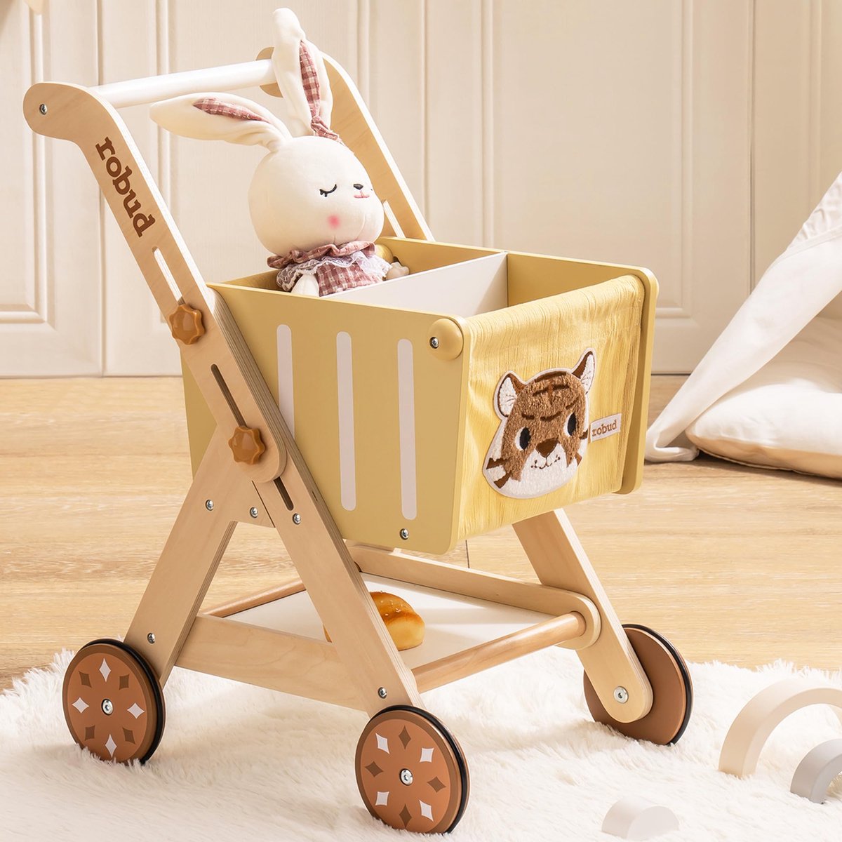 SnelShoppen - Houten Kinderwagen Boodschappentrolley voor Peuters en Kinderen - In Hoogte Verstelbaar, Educatief Speelgoed voor Jongens en Meisjes - P