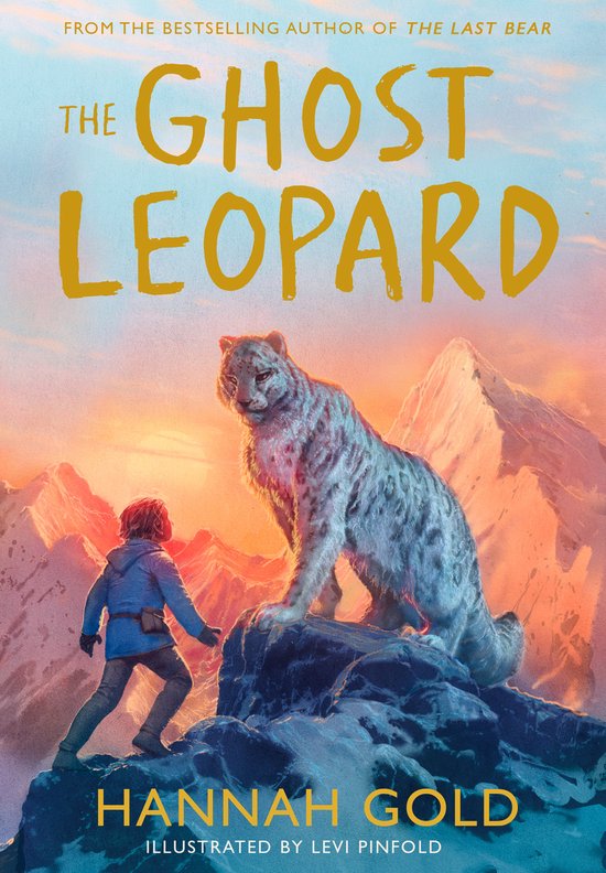 Livre "The Ghost Leopard" avec un léopard des neiges et un enfant dans des montagnes enneigées au coucher du soleil.