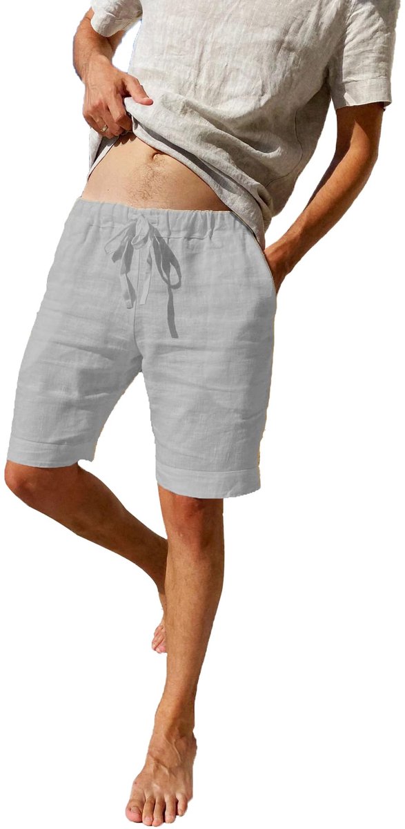 SnelShoppen - Korte broek heren katoen linnen elastiek vrijetijdsbroek shorts zomer casual lichtgrijs M-3XL met zakken XL