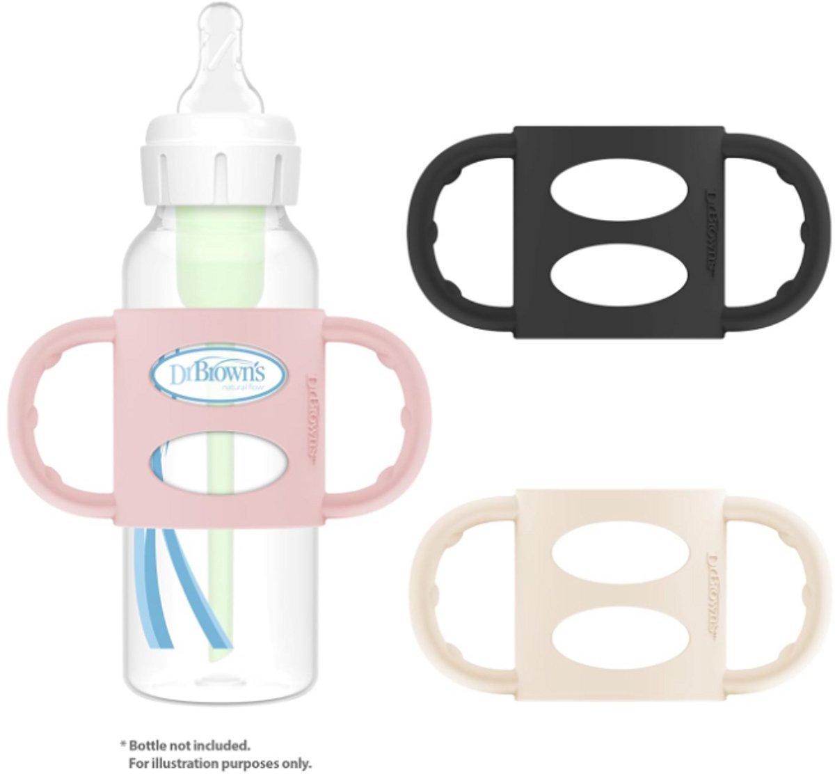 Dr. Brown's Siliconen Flessenhandgrepen voor Smalle Babyflessen (Zwart/Roze/Ecru) – Afneembare Easy Grip Handvatten – BPA-vrij – Overgang naar Drinkbeker