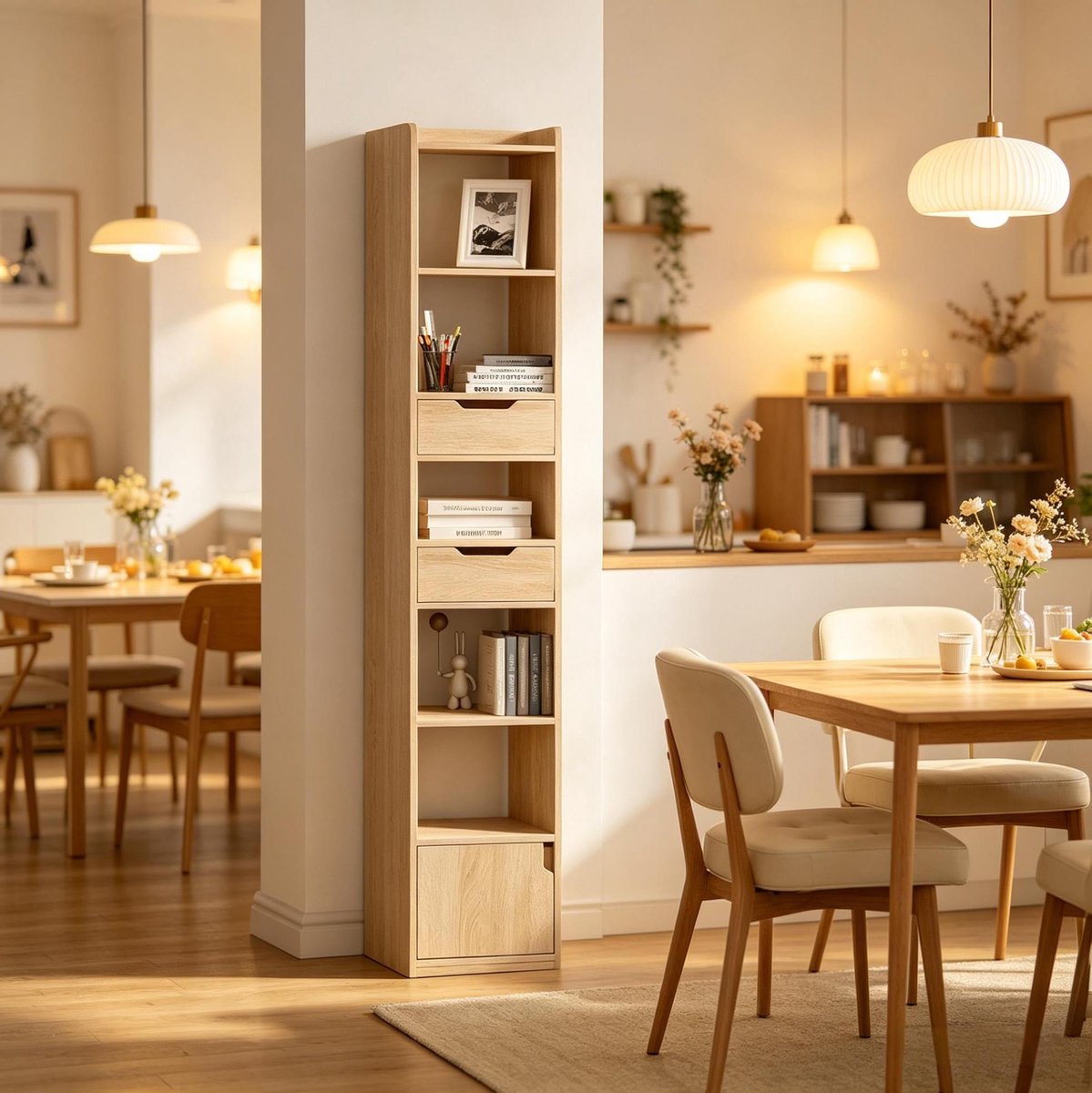 MIVRAY Boekenkast - 33 x 181 x 24 cm - Met 6 Open Vakken, 2 Lades En Verstelbare Plank - Hout Met Melamine - Licht Eiken - Woonkamer En Bureau