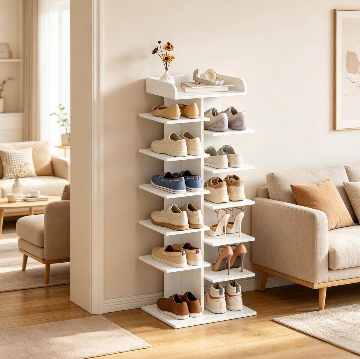 MIVRAY Schoenenkast – 12 Open Vakken – 40 x 30 x 114 cm – Spaanplaat – Wit – Staand Rek Voor Hal Slaapkamer En Kleedruimte