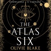 Boekomslag van "The Atlas Six" met gouden illustratie van een oog met een zwaard erdoorheen, omringd door cirkels en sterren. Titel en auteur in witte letters.
