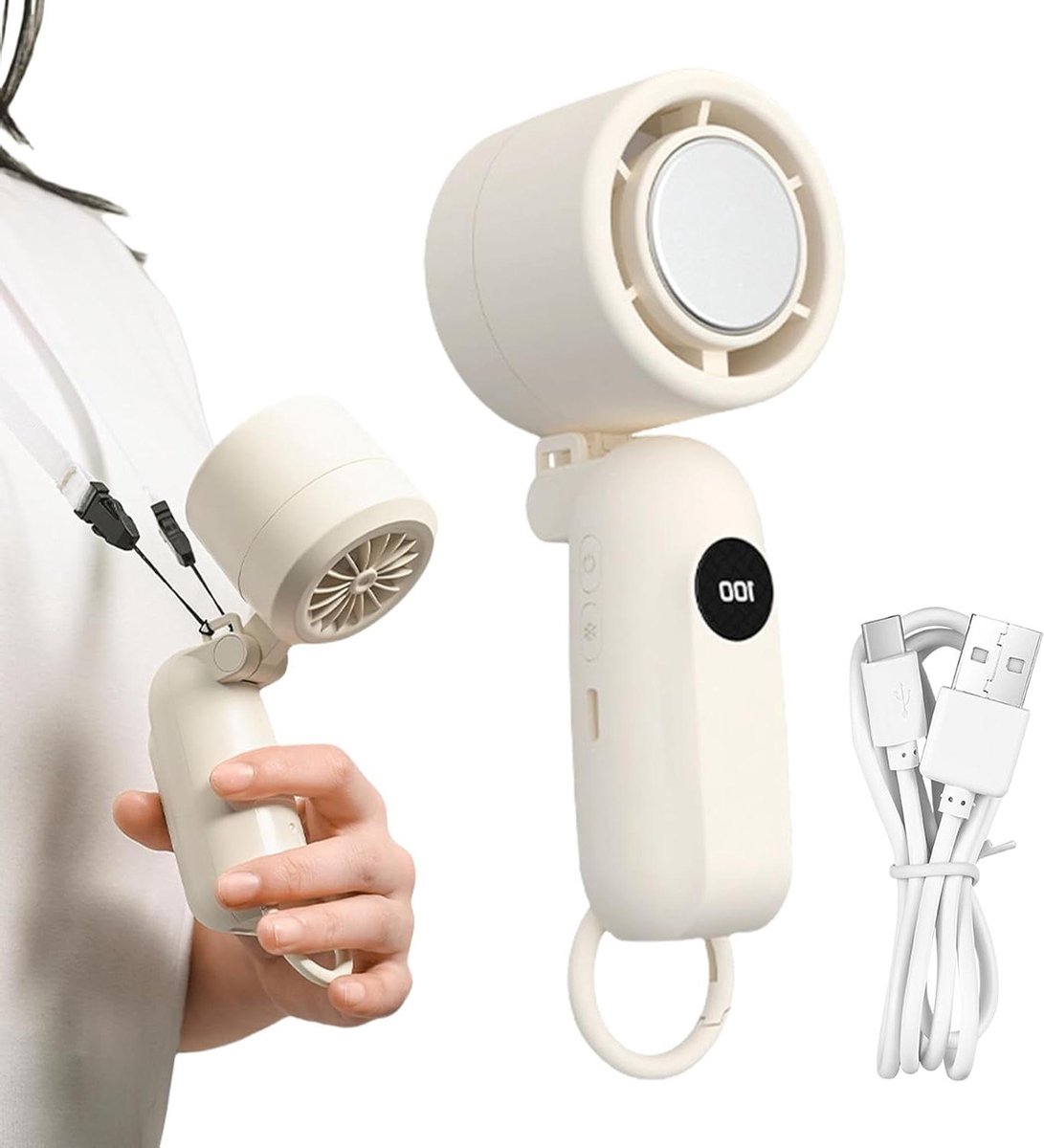 Draagbare handventilator - Oplaadbare ventilator - Persoonlijke verkoeling - LED display - 17.8 cm - Wit