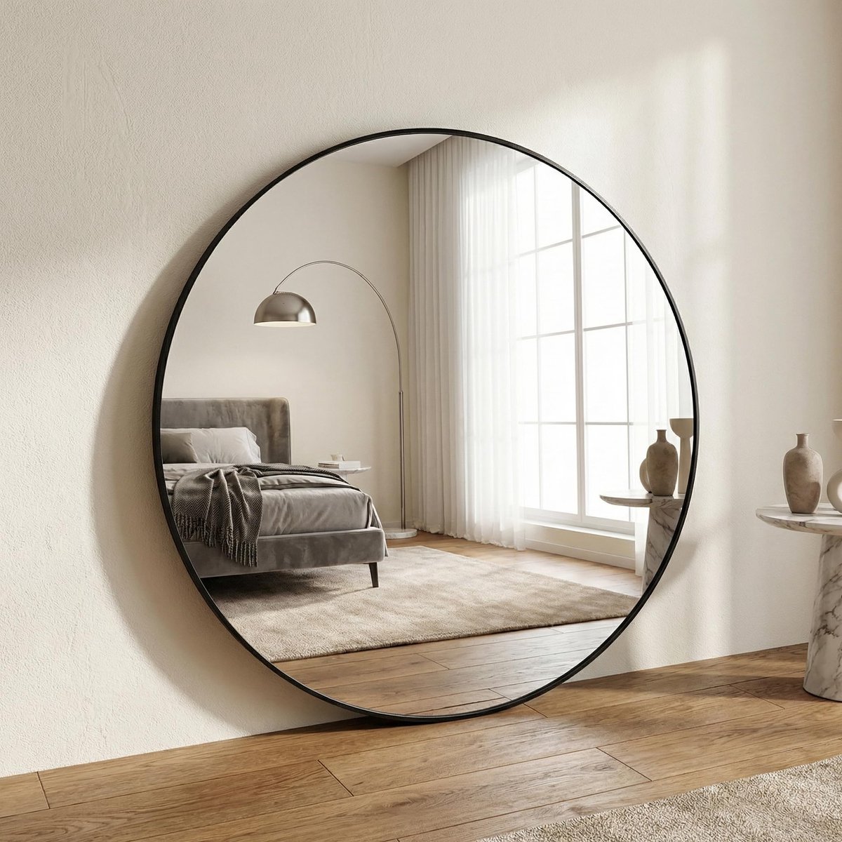 SnelShoppen - 106 cm ronde wandspiegel, onbreekbare badkamer- en slaapkamer spiegel met aluminium frame, zwart, ophang- en leunspiegel voor woonkamer