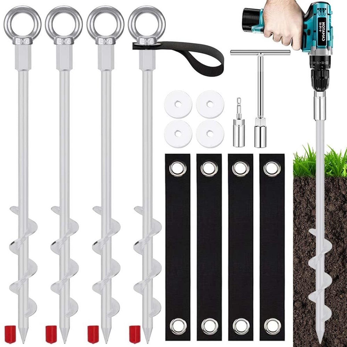 SnelShoppen - 4 stuks Tentharingen 36 cm - Schroefharingen voor Camping, Metalen Grondankers met Vaste Lusband - Ideaal voor Tent, Trampoline, Hond, S