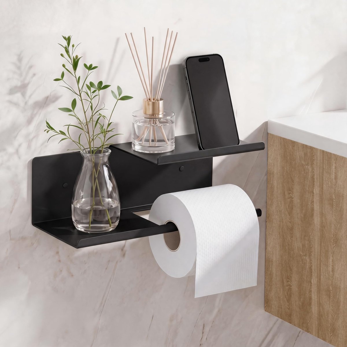 SnelShoppen - Toiletpapierhouder zonder boren, Zelfklevende WC-Rolhouder met Plank, Matzwart, 2 Planken, Voor Toilet, Badkamer, Keuken, EGXZ2402AL-B