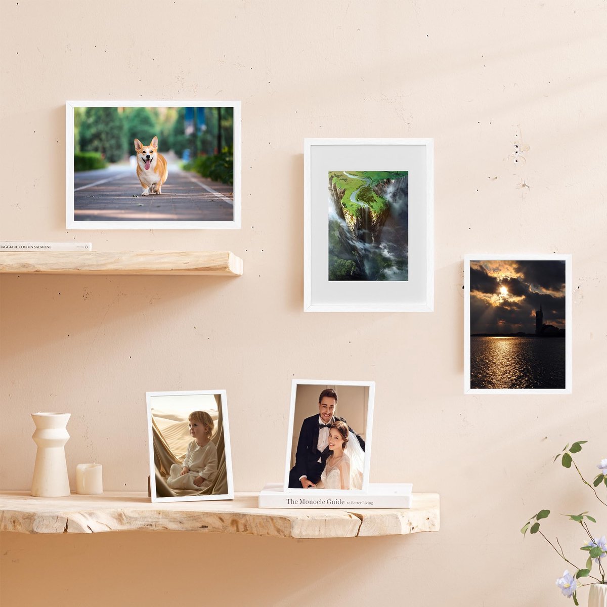 SnelShoppen - 3-delige Houten Fotolijst 40x60cm Wit - Staande en Muur Bevestiging - Posterlijst voor Foto's, Afbeeldingen en Posters - Perfect voor Th